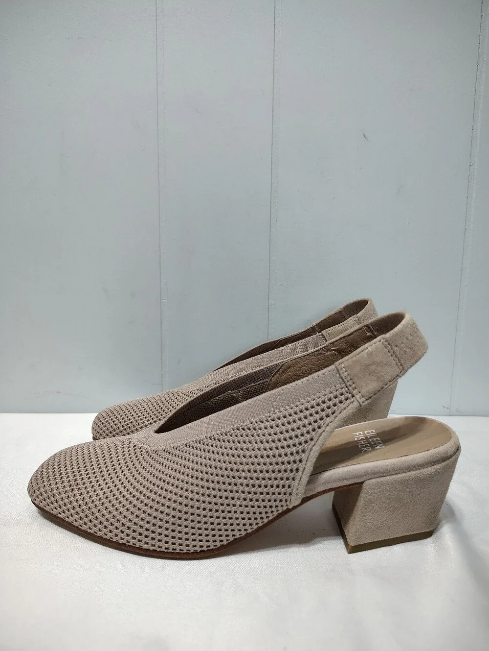 Eileen Fisher Vasa Taupe Recycled Stretch Knit Slingback Block Heels 7.5